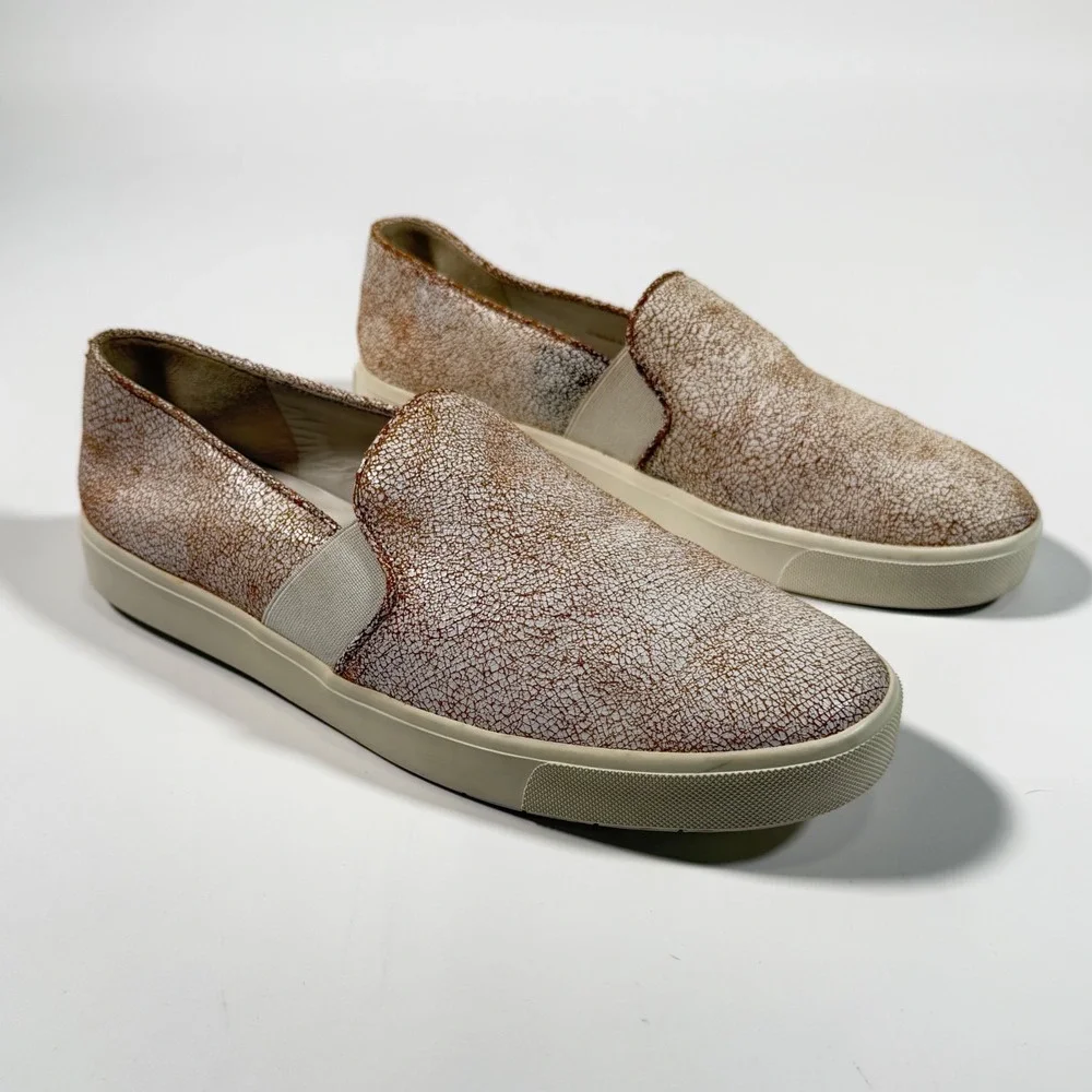 Vince Crackled Metallic Leather Slip On Sneakers Women's Size 9 White Bronze